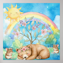 Sweet Dreams Rainbow Sleepy Bear & Mice Nursery  Poster