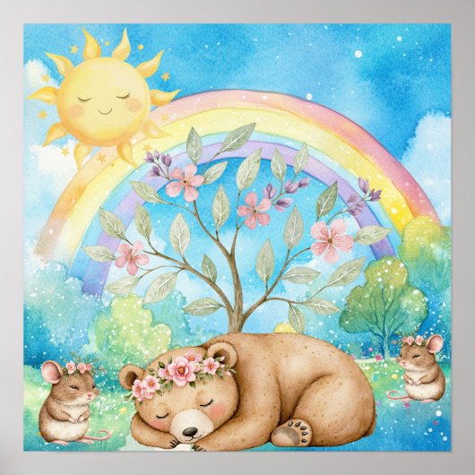 Sweet Dreams Rainbow Sleepy Bear & Mice Nursery  Poster (Voorkant)