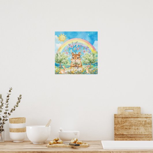 Sweet Dreams Rainbow Squirrel & Rabbits Nursery Poster (Keuken)