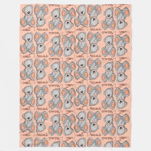 Sweet Dreams Teddy-peach-yellow Fleece Deken (Voorkant)