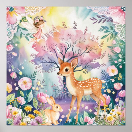 Sweet Dreams Woodland Deer & Rabbits Nursery Poster (Voorkant)