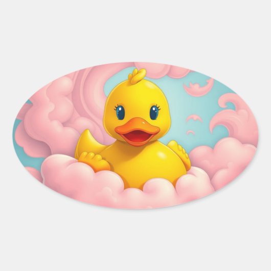 Sweet Duckling on Pink Clouds Birthday  Ovale Sticker (Voorkant)