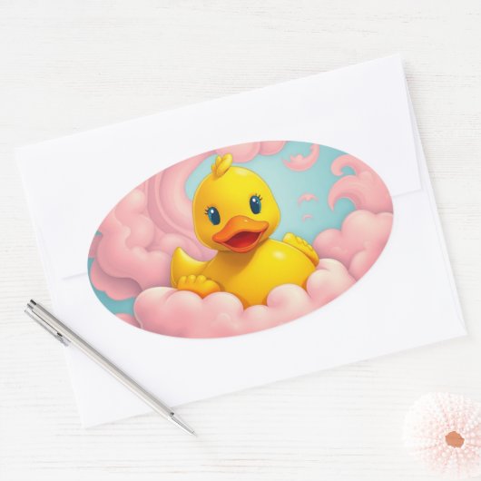Sweet Duckling on Pink Clouds Birthday  Ovale Sticker (Envelop)