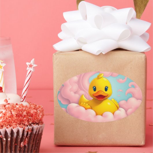 Sweet Duckling on Pink Clouds Birthday  Ovale Sticker (Feest)