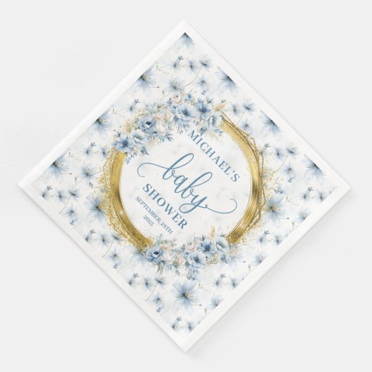 Sweet Dusty Blue Flowers Gold Boy baby shower Servet (Hoek)