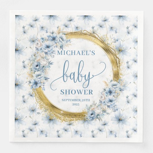 Sweet Dusty Blue Flowers Gold Boy baby shower Servet (Voorkant)