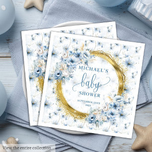 Sweet Dusty Blue Flowers Gold Boy baby shower Servet