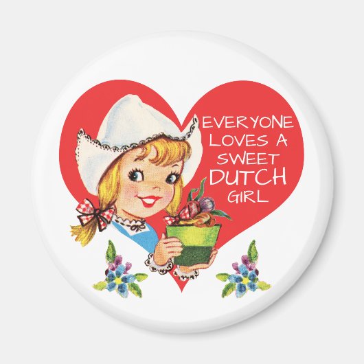 Sweet Dutch Girl Tulips Meisje & Heart Magneet (Voorkant)