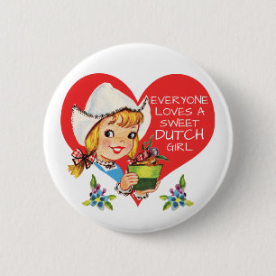 Sweet Dutch Girl  Tulips Meisje & Heart Ronde Button 5,7 Cm