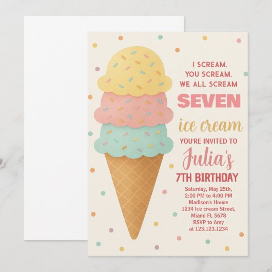 Sweet Editable Ice Cream Verjaardag Uitnodiging (Voorkant / Achterkant)