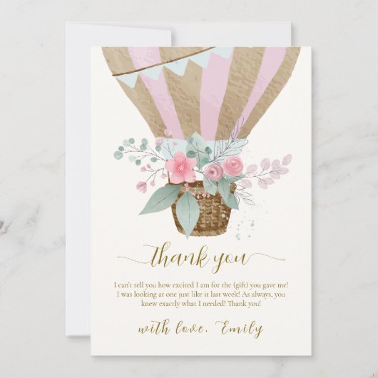Sweet Elegant Floral Hete Luchtballon Baby shower Bedankkaart (Voorkant)