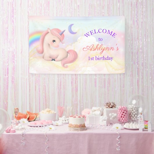 Sweet Elegant Pink Unicorn Rainbow Birthday Banner (Feest)