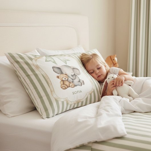 Sweet Elephant and Teddy Bear Hugging Baby Girl  Kussensloop