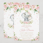 Sweet Elephant Blush Pink Floral Gold Baby shower Kaart (Voorkant / Achterkant)