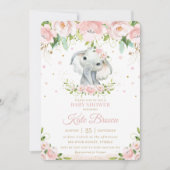 Sweet Elephant Blush Pink Floral Gold Baby shower Kaart (Voorkant)