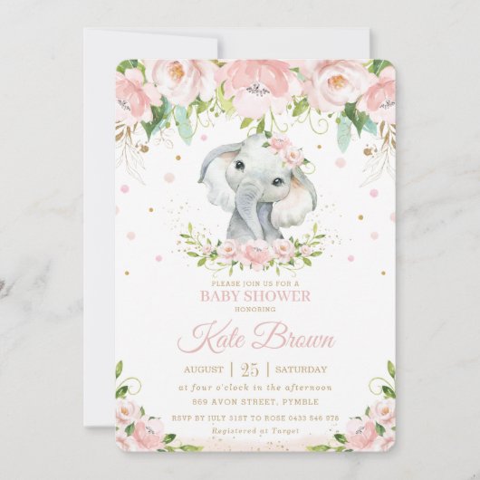 Sweet Elephant Blush Pink Floral Gold Baby shower Kaart (Voorkant)