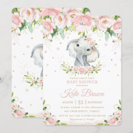 Sweet Elephant Blush Pink Floral Gold Baby shower Kaart
