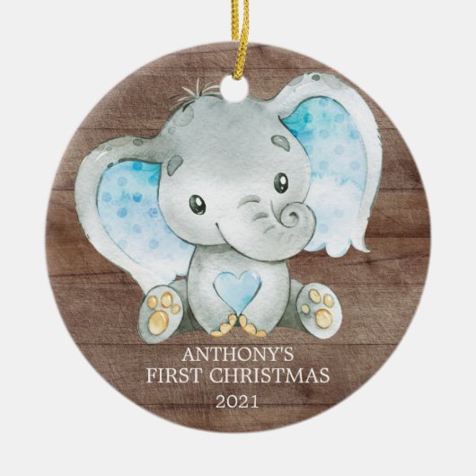 Sweet Elephant Boy Baby's eerste kerstversiering Keramisch Ornament (Voorkant)