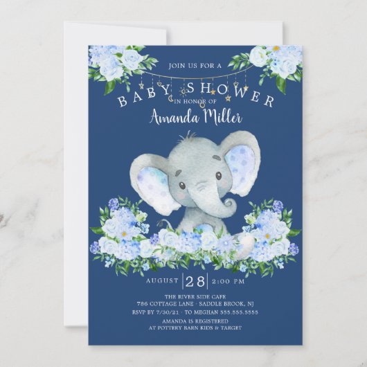 Sweet Elephant Boys Baby shower Invitation Kaart (Voorkant)