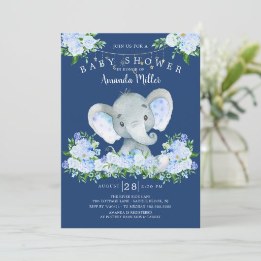 Sweet Elephant Boys Baby shower Invitation Kaart (Staand voorkant)