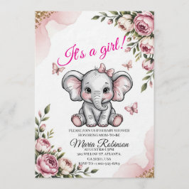 Sweet Elephant & Floral Baby Shower Invitation Kaart