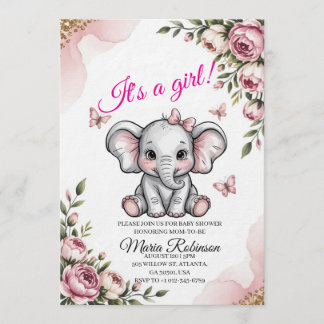 Sweet Elephant & Floral Baby Shower Invitation Kaart