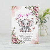 Sweet Elephant & Floral Baby Shower Invitation Kaart (Staand voorkant)
