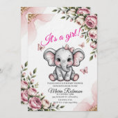 Sweet Elephant & Floral Baby Shower Invitation Kaart (Voorkant / Achterkant)