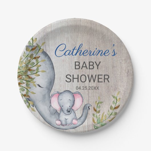Sweet Elephant Floral Rustic Baby shower Papieren Bordje (Voorkant)