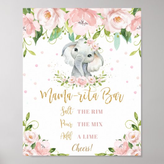 Sweet Elephant Pink Floral Gold Mama-rita Bar Sign Poster (Voorkant)