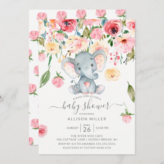 Sweet Elephant Pink Peonies Baby shower Kaart (Voorkant / Achterkant)