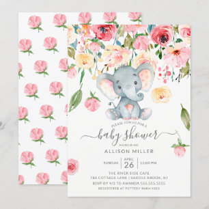 Sweet Elephant Pink Peonies Baby shower Kaart