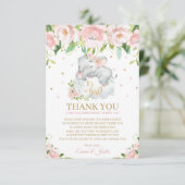 Sweet Elephant Roze Blush Bloemen Baby shower Bedankkaart (Staand voorkant)
