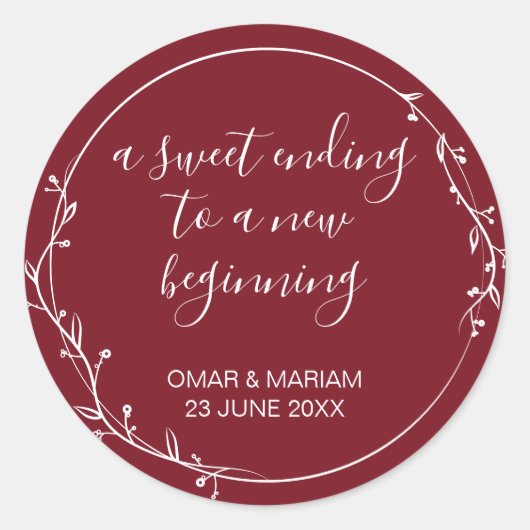 Sweet Ending Nieuw Begin Bourgondische bruiloft Ronde Sticker (Voorkant)