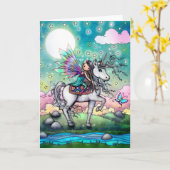 Sweet Fairy and Unicorn Fantasy Art Kaart (Gele Bloem)
