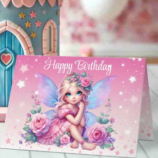 Sweet Fairy Child met roze rozen Happy Birthday Kaart