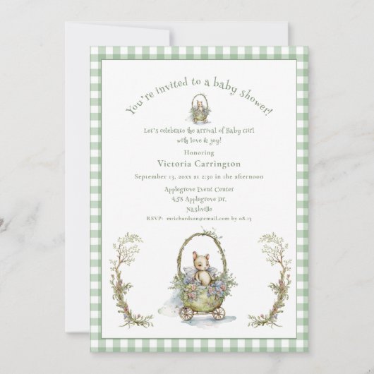 Sweet Fairytale Animal Green Gingham Baby shower Kaart (Voorkant)