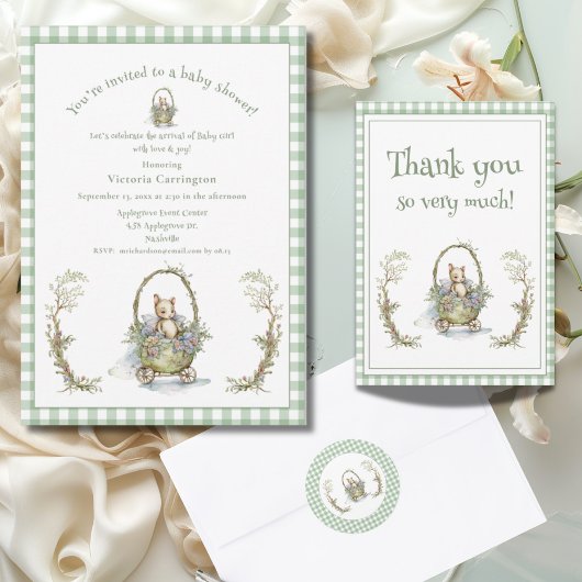 Sweet Fairytale Animal Green Gingham Baby shower Kaart