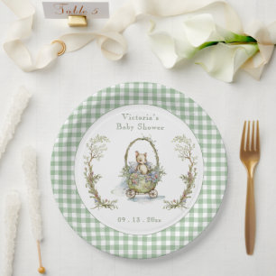 Sweet Fairytale Animal Green Gingham Baby shower Papieren Bordje