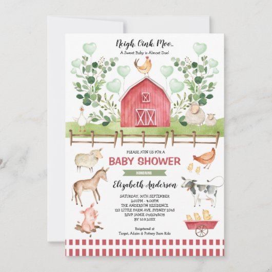 Sweet Farm Animals Barnyard Baby shower Kaart (Voorkant)