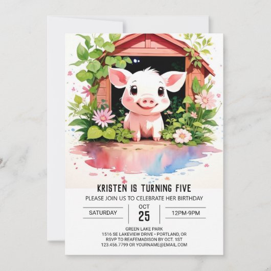 Sweet Farmyard Blooms Boho Pig Meisje Verjaardag Kaart (Voorkant)