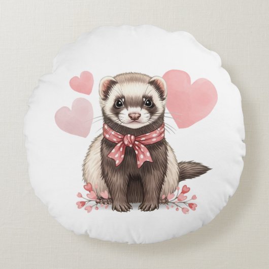 Sweet Ferret Kawaii Pink Hearts Rond Kussen (Voorkant)
