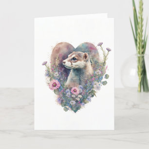 Sweet Ferret met roze bloemen voor Valentijnsdag Feestdagen Kaart