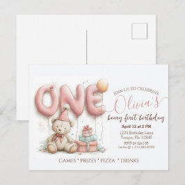 Sweet First Birthday Invitation with Teddy Bear  Briefkaart
