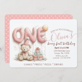 Sweet First Birthday Invitation with Teddy Bear  Feestdagenkaart