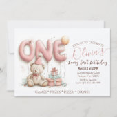 Sweet First Birthday Invitation with Teddy Bear  Kaart (Voorkant)