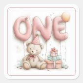 Sweet First Birthday Sticker with Teddy Bear  (Voorkant)