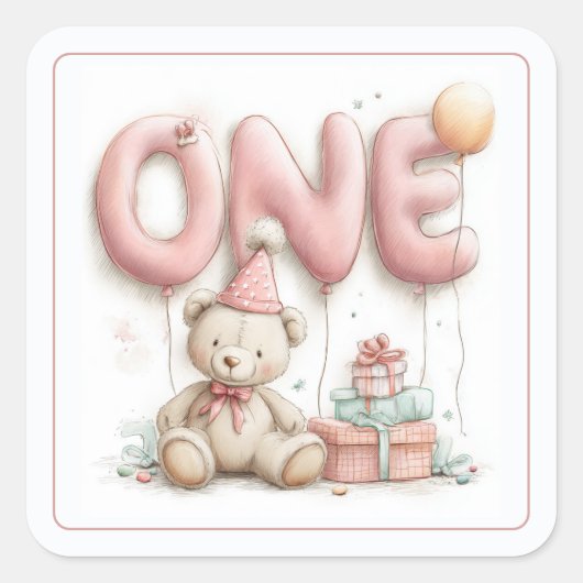 Sweet First Birthday Sticker with Teddy Bear  (Voorkant)
