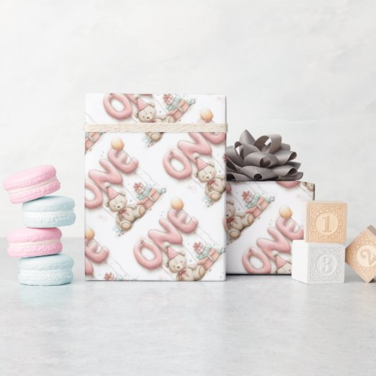 Sweet First Birthday Sticker with Teddy Bear  Cadeaupapier (Baby Shower)