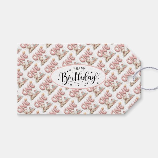 Sweet First Birthday with Teddy Bear  Cadeaulabel (Voorkant (Horizontaal))